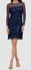 Eliza J Women's Blue Sequined Fringe Illusion-Trim Long-Sleeve Dress Size 12