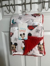 Disney Baby Mickey Mouse White Christmas Blanket Fleece Lined 30x40 Soft Cuddly