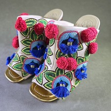 Tory Burch Ellis 105MM Beige Leather Embroidered Pom Pom Mules Sz 5.5 MSRP 400