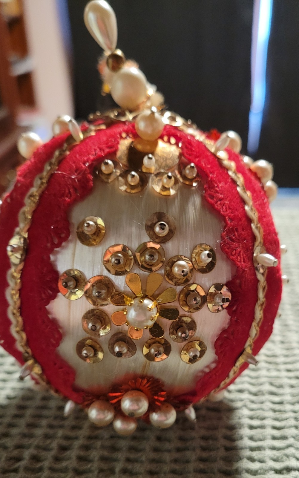 Vintage Christmas Ornament with satin, sequins, and faux pearls