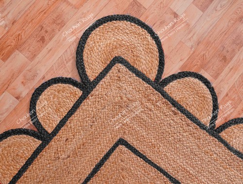 Natural Jute Hand Braided Beige Scalloped Jute Rug With Black Border Border Rug - Picture 2 of 10