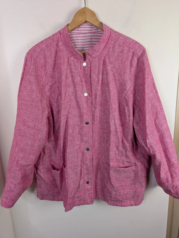 Chicos Size 4 XXL Pink Reversible Linen Jacket Railroad Stripes Haute Button New - Image 4 of 4