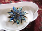 Beautiful Vintage signed Sphinx layered blue aurora glass flower brooch