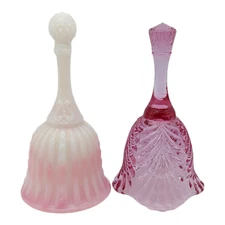 2 Fenton Art Glass Bells - 6" vtg Purple Pink White Milk Glass Draped Rosalene