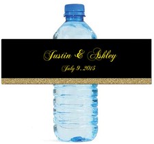 Black  Gold Glitter Wedding Anniversary Engagement Party Water Bottle Labels