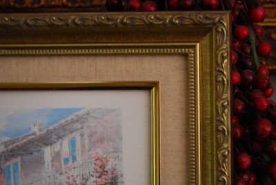 FRAMED SIGNED COLOR PRINT FLOWERED ANTIQUE ITALIAN BUILDING VIEW