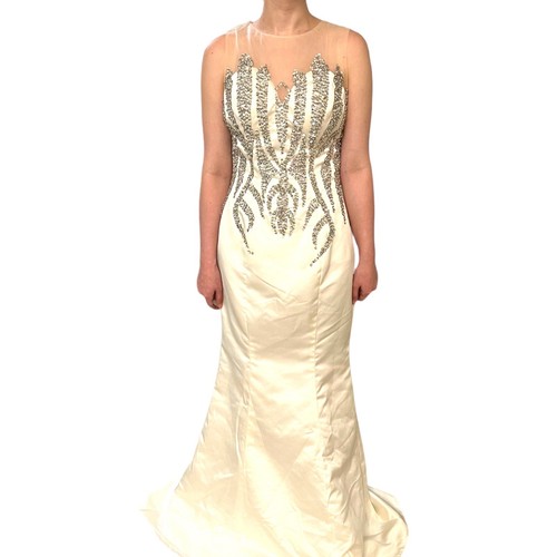 Vintage 1990s Wedding Dress Winter White Crystals Backless Mesh Sweetheart Sz 8 - Picture 11 of 20