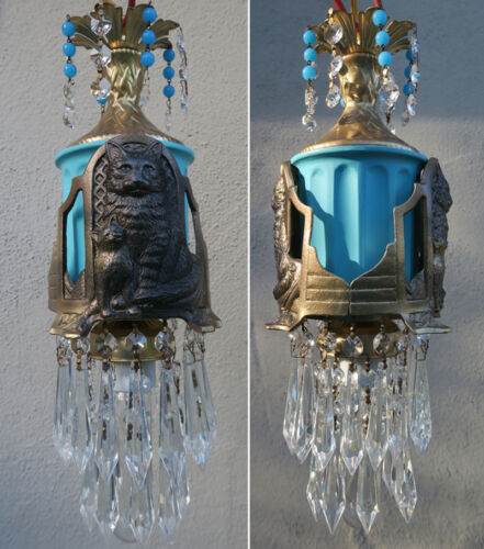 Schwarze Katze Deckenlampe Kronleuchter Messing Tole Glas Türkis Perlen Kristall Deko - Bild 2 von 12