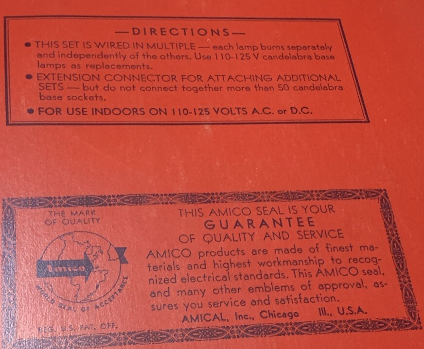 Vintage Amico Christmas Tree Lights W/Box 15 Light Multicolor Set 1950s