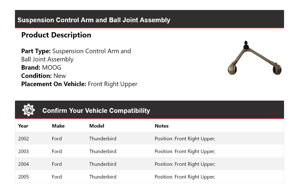 Brazo de control delantero derecho superior MOOG 2002-2005 Ford Thunderbird 2002 2003 2004 Foto 2 de 4