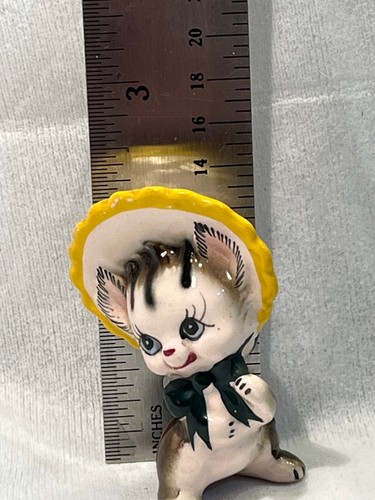 Vintage Anthropomorphic Striped Miniature Kitten Cat Big Bonnet Hat Bow Japan - Picture 11 of 11