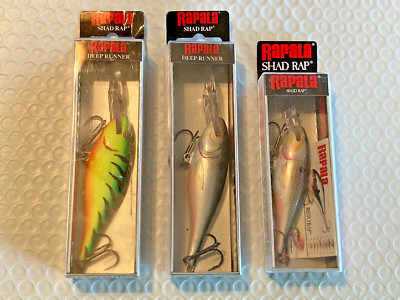 3 Large Rapala Shad Rap Lures (2 SR9's + 1 SR8)  Firetiger and Shad Colors **NEW