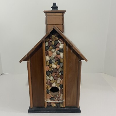 Decorative Stone Pebble Covered Cottage Birdhouse With Fireplace And Chimney