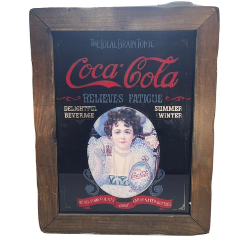 Coca Cola Glass Sign ( THE IDEAL BRAIN TONIC) Wooden Frame- Vintage style