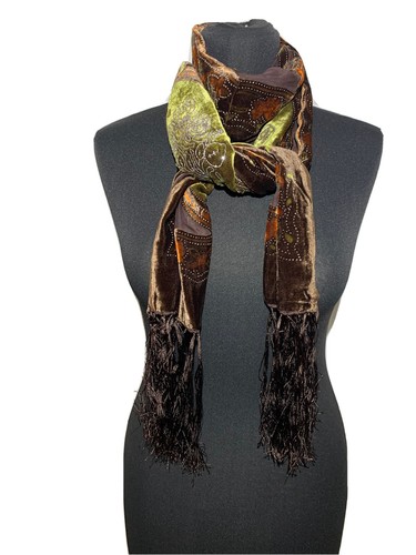 SILK MIX Velvet Devore Scarf Stole New With Fringe CHOCOLATE BROWN/ GREEN - Picture 2 of 11