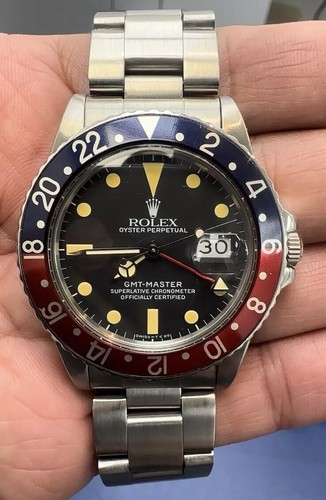 Vintage Rolex GMT 16750 Black Gilt Dial Watch From Year 1982