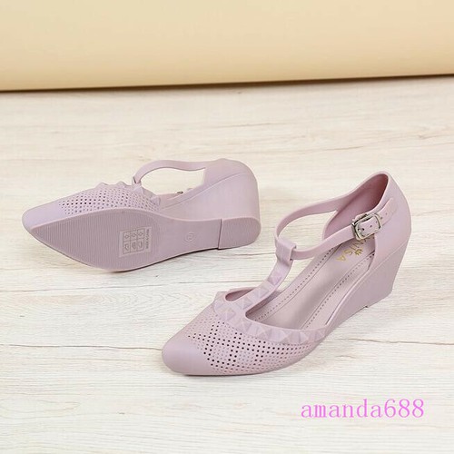 Womens Summer Plastic Wedge High Heels Jelly Shoes T-strap Waterproof Sandals Sz - Picture 18 of 18