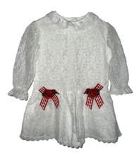 Girls Vintage White Lace Dress Michelle Lynn Made In USA Size 3T Red Bow Holiday