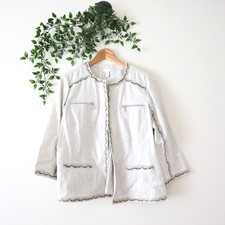 Chico's Beige Snake Skin Trim Linen Blend 3/4 Sleeve Open Lightweight Jacket 2
