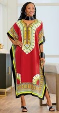 One Size Fits Most Ashro Red Black Multi Dashiki Long Caftan Dress