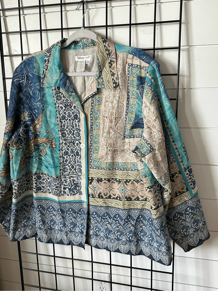 Jaqueta casual feminina Coldwater Creek mistura de seda botão frontal carreira 2X forro azul - Imagem 4 de 4