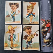 4 alte groteske Chromos Soldat Rasierkürbis Musiker 19. Jh. Scraps 19thC