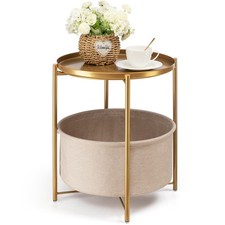 danpinera Round Side Table with Fabric Storage Basket, Metal Side Small Bedsi...