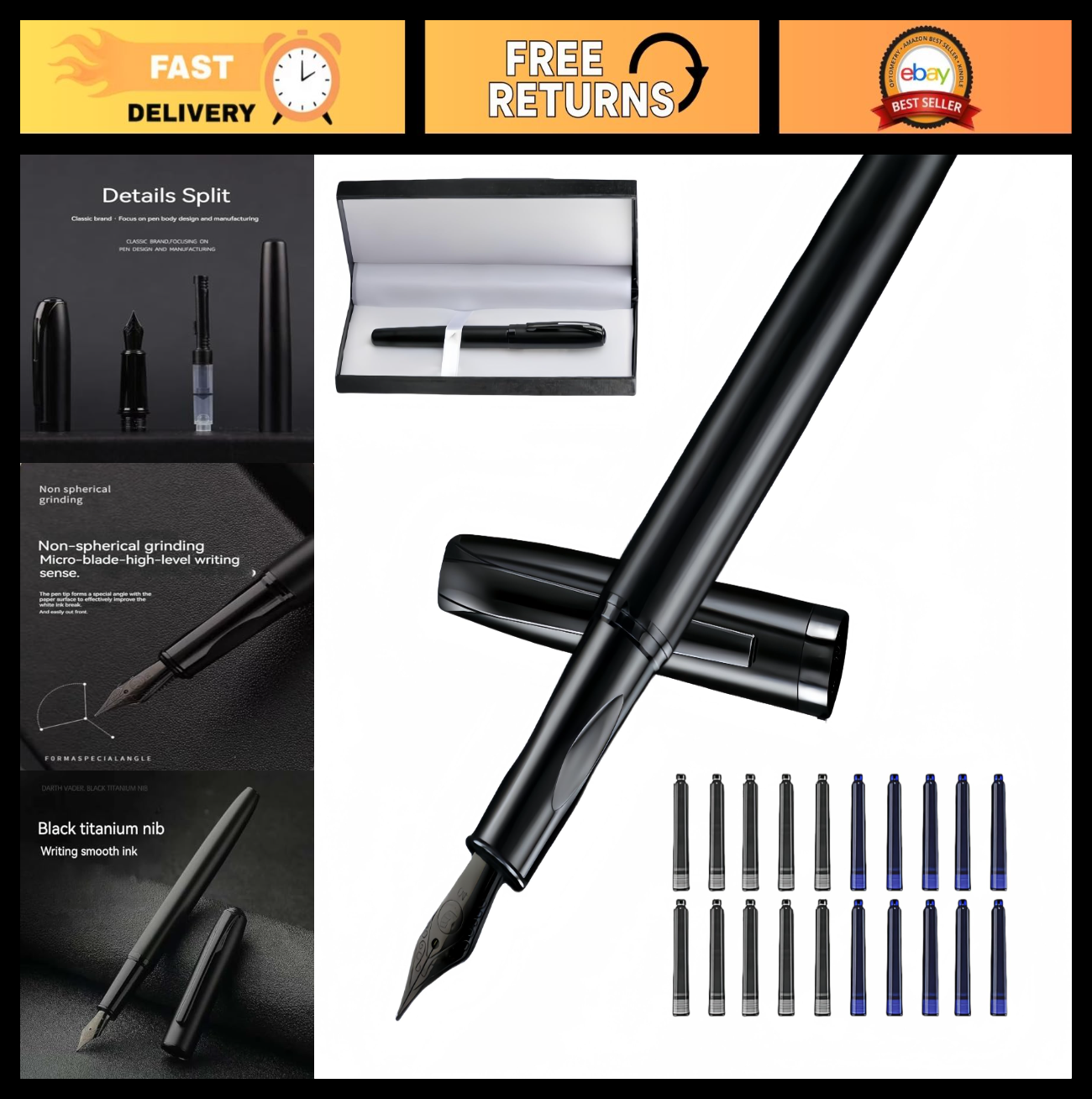 Matte Black Fountain Pen Set - Extra Fine Nib, Refillable, 1 Pen + 20 Ink Sacs