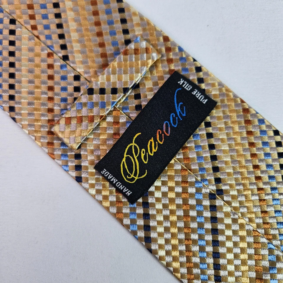 Corbata de pavo real 100 % seda hecha a mano para hombre geométrica dorada 3,5" x 59,5" Foto 4 de 4