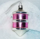 Vtg PREMIER~ UFO Barrel Rocket w Pointed Tip~3" Pink Striped Glass Xmas Ornament