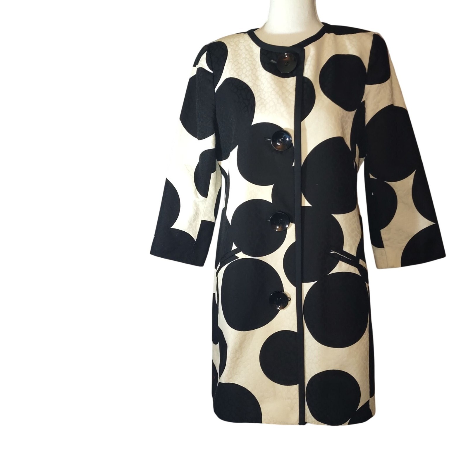 Maggy London Womens Polka Dot Black & White Mid-Length Cotton Blend Jacket Size