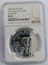 2015 SOMALIA 100 SHILLINGS 1 OZ .999 SILVER ELEPHANT, ANA 2015 PRIVY - NGC MS-69
