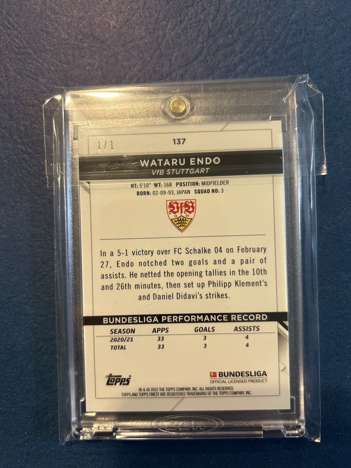 Wataru Endo 2021-22 Topps Finest Superfractor # 1/1 SP Stuttgart Liverpool view 2