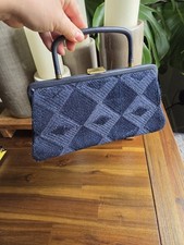 Garay Vintage Dark BlueWoven Wool Blend Diamond Patt Clutch Purse W Fold Handle