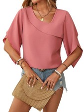 Damen 2025 1/2 Ärmel Tunika Tops Chiffon Arbeitsbluse V-Ausschnitt Elegant8426