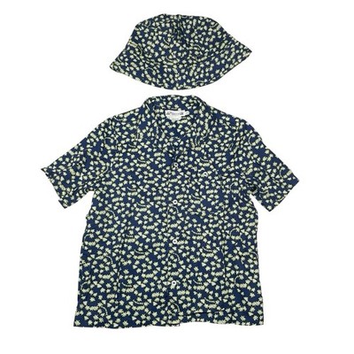 Bonpoint Kids Size 8 Button Up Shirt + Bucket  Hat Set Blue 100% Cotton Tropical
