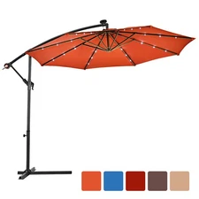 10' Hanging Solar LED Umbrella Patio Sun Shade Offset Market W/Base Orange