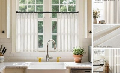 Cream Linen Cafe Curtains 24 Inch Length Pinch 40''W x 24''L (Pack of 2) Natural