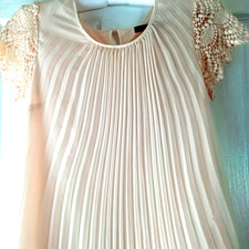 Vintage Cream Pleated Dress w/ Lace Sleeves | 80s/90s Occasion Cocktail Raceday