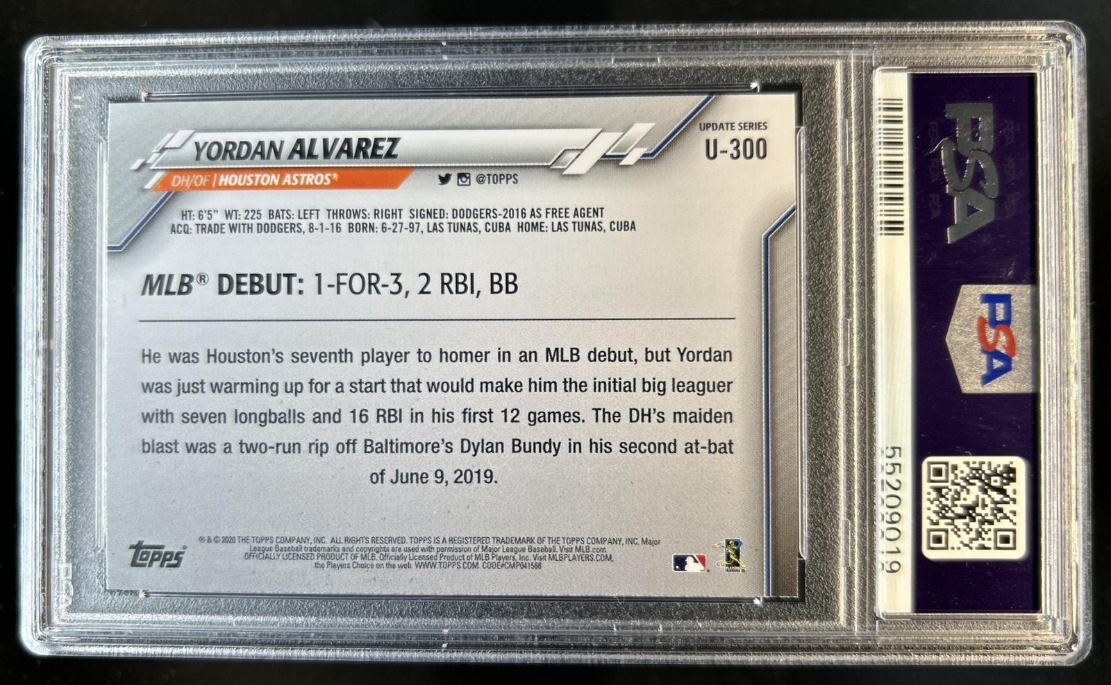 2020 Topps Update Yordan Alvarez RC Rookie #U-300 Astros PSA 10 GEM MINT view 2