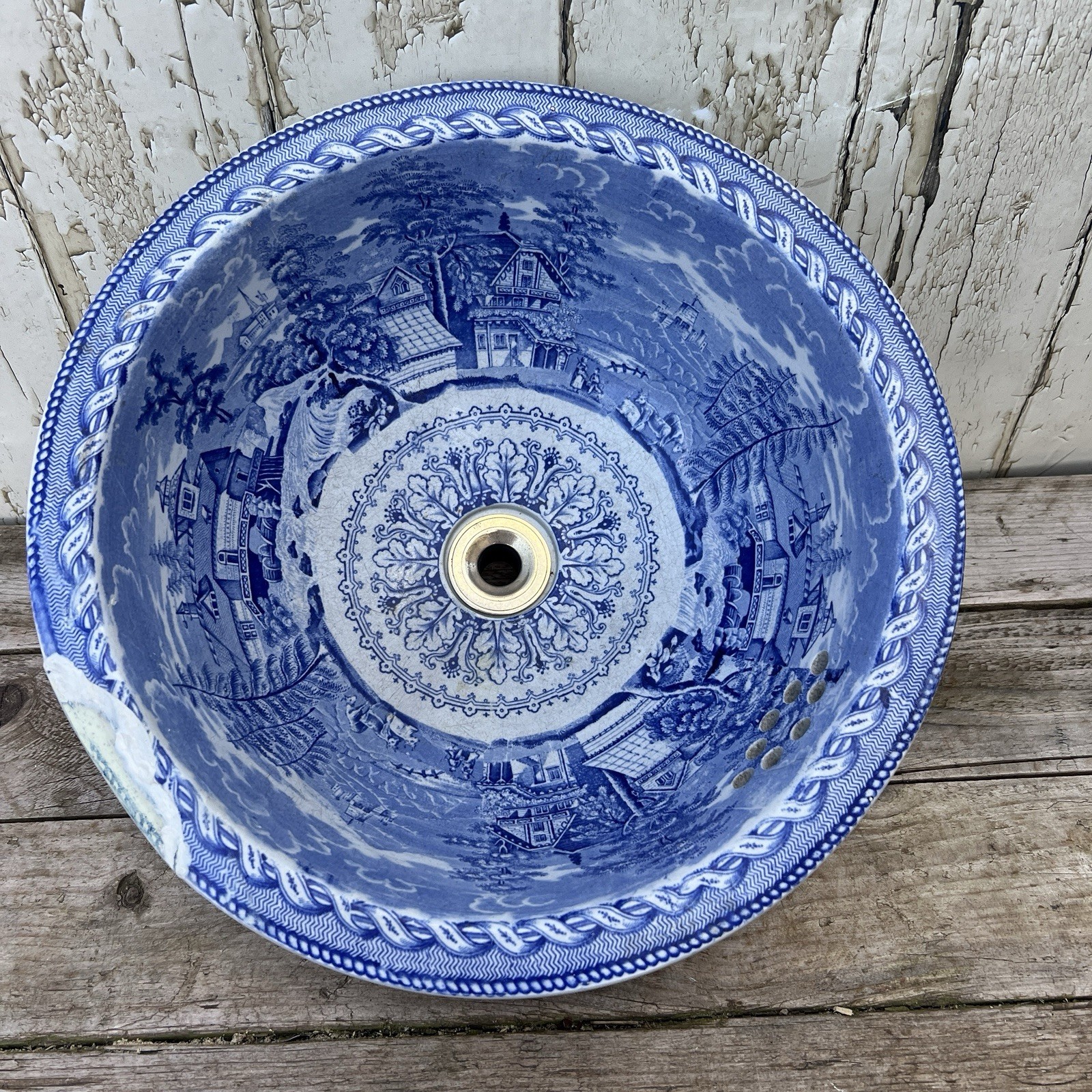 Antique Blue and White Transfer-Printed Porcelain Sink Brass Plug Hole Victorian