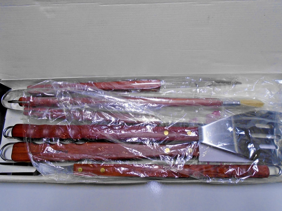 Juego de herramientas para barbacoa Brookstone de 5 piezas con asas de palo de rosa, acero inoxidable NOS Foto 2 de 4