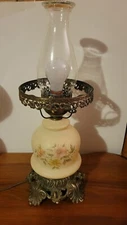 Vintage Hurricane Parlor Desk Lamp Base Pale Yellow Peach Floral