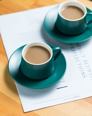 LYEOBOH Espresso Cups With Saucers Set, 3 Ounces Porcelain Coffee Cups With Metal