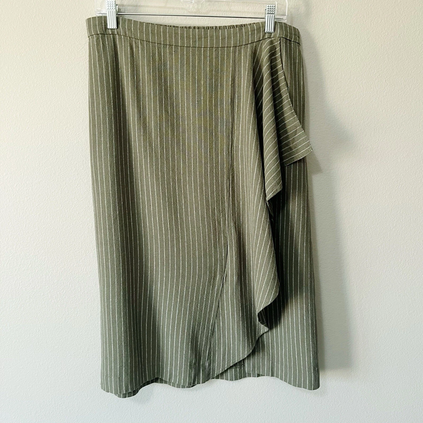 J. Jill Moss Green White Striped Linen Blend Ruffle Midi Skirt Size Medium NEW