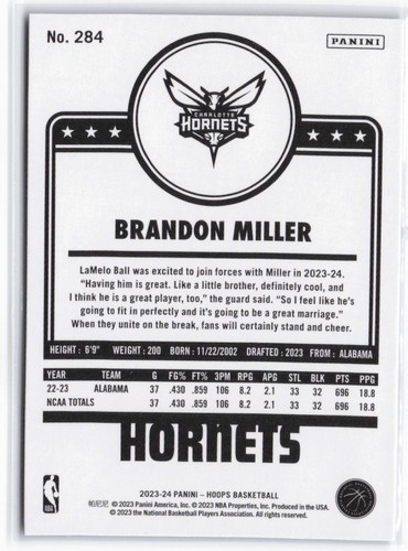2023-24 Hoops Brandon Miller RC Rookie #284 Hyper Blue Hornets - Picture 2 of 2