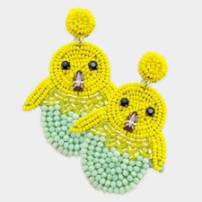 Easter Earrings Baby Chick Egg Seed Bead Felt Back 2.75"L Statement 1177 MINT