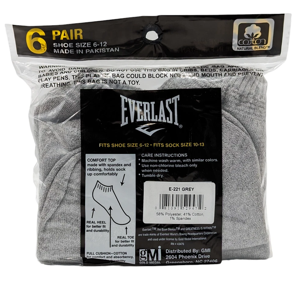 Calcetines Everlast corte bajo grandes grises 6 pares cojín completo Foto 3 de 4