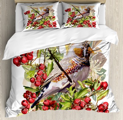 Rowan Duvet Cover Set with Pillow Shams Colorful Bird and Shrubs Print