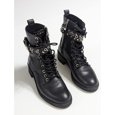 Zara Black Leather Studded Biker Moto Ankle Boots with Buckles Women's Size 5